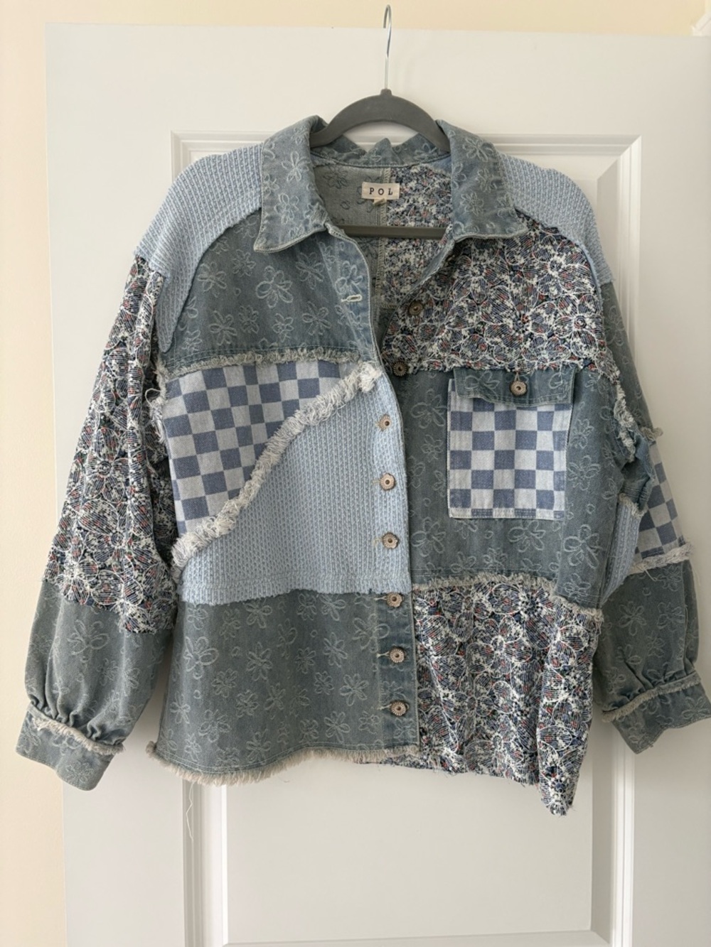 POL Light Blue Patchwork Button-Up Shirt Jacket